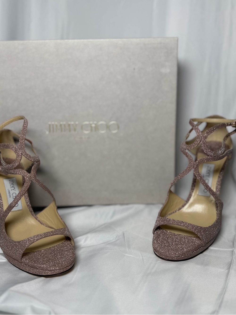 Jimmy Choo Glitter Strappy High-Heel Sandals in Pink Gold